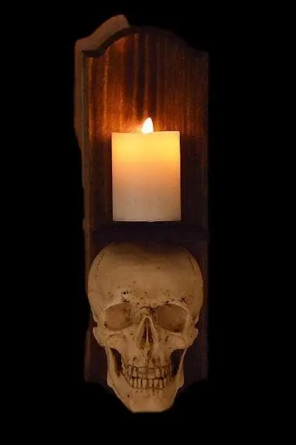 Skeletons And More "Classic Skull Wall Sconce Style II W/ Ivory Flameless Candle" Haunted House Lighting 3 Skeletons And More "Classic Skull Wall Sconce Style II W/ Ivory Flameless Candle" Haunted House Lighting
