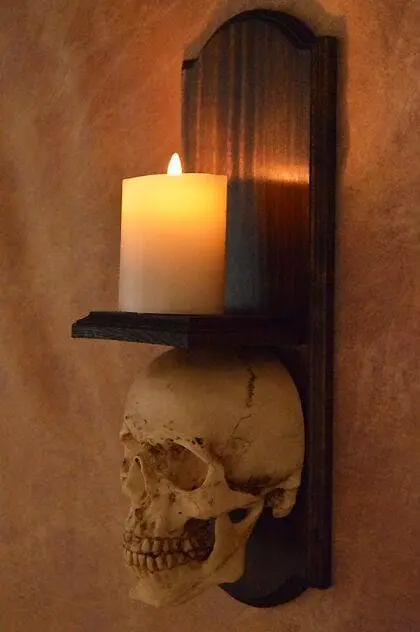Skeletons And More "Classic Skull Wall Sconce Style II W/ Ivory Flameless Candle" Haunted House Lighting 4 Skeletons And More "Classic Skull Wall Sconce Style II W/ Ivory Flameless Candle" Haunted House Lighting - Image 2