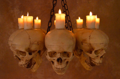 Skeletons And More "Skull Chandelier With 8 Skulls And Flameless Candles" Haunted House Lighting -Cheap Horror Attire Store skull chandelier with 8 skulls and flameless candles haunted house lighting 23696522817